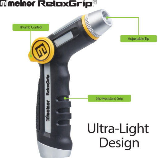 This image shows a Melnor RelaxGrip garden hose nozzle with an ultra-light design, featuring thumb control, an adjustable tip, and a slip-resistant grip.