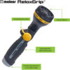 The image shows a Melnor RelaxGrip garden hose nozzle featuring 8 spray patterns, smooth thumb control, a grip to alleviate joint pain, and durable metal threads.