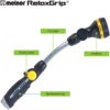 The image shows a 16-inch Melnor RelaxGrip garden hose nozzle with features labeled: thumb control, slip-resistant grip, and 8 spray patterns.