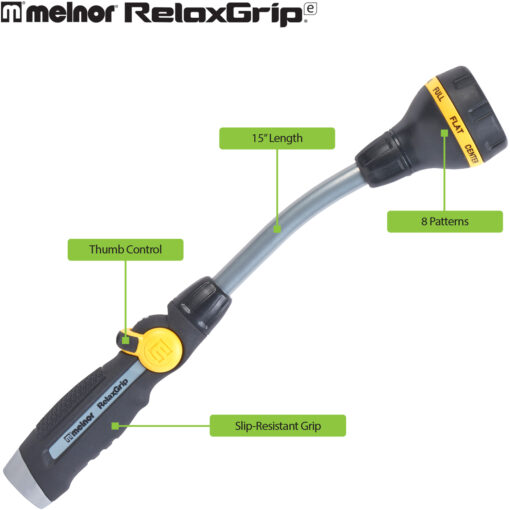 This image showcases a Melnor RelaxGrip garden hose nozzle with various features labeled: 15-inch length, thumb control, slip-resistant grip, and 8 spray patterns.