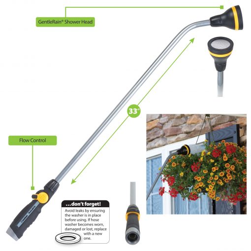 This image features a 33-inch long GentleRain shower head with a flow control lever for watering purposes, shown in use for watering hanging flower baskets.