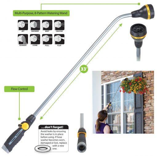 This image displays a 33-inch long multi-purpose, 8-pattern watering wand used by a person to water hanging flowers by a window, showing various features and nozzle patterns.