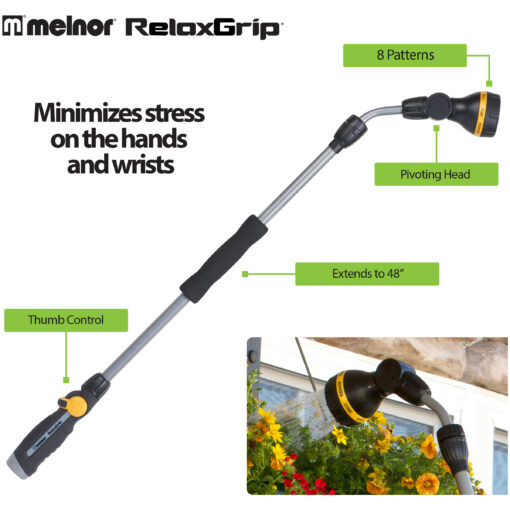 This is an advertisement image for Melnor RelaxGrip watering wand, highlighting its stress-minimizing design, thumb control, pivoting head, 8 spray patterns, and 48-inch extension capability.