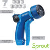 This is an advertisement image for a blue Sprout brand garden hose nozzle with seven spray patterns, a thumb control flow lever, and a built-in trigger lock.