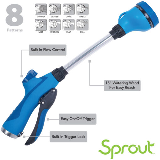 This image shows a blue 15-inch watering wand with 8 adjustable patterns, built-in flow control, an on/off trigger, and a trigger lock, branded as Sprout.