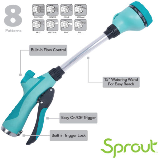 This image shows a teal 15-inch watering wand with 8 spray patterns, featuring a built-in flow control, trigger lock, and an easy on/off trigger.