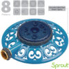 This is an image of a decorative blue circular sprinkler with a metal base and an attachment for a hose. It advertises eight different water patterns.