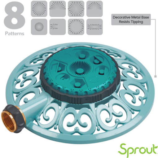 This image features a decorative circular metal base garden hose sprinkler with a turquoise finish. It displays eight selectable water patterns suitable for various garden needs.