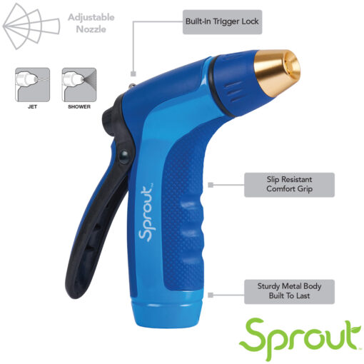 This image features a blue and black garden hose nozzle with adjustable settings and a trigger lock. It has an ergonomic grip and durable construction.