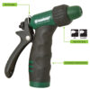 This is an image of a green and black Melnor Titanium Series garden hose nozzle with adjustable spray settings labeled 