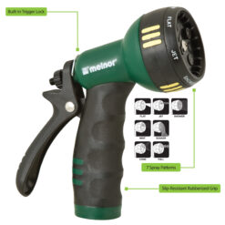 This image features a Melnor brand garden hose nozzle with a built-in trigger lock and slip-resistant rubberized grip, displaying seven selectable spray patterns.