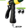 Garden hose nozzle with labels showing a trigger-lock and adjustable nozzle for different spray patterns, including jet and shower settings. A reminder to avoid leaks is included.