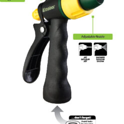 Garden hose nozzle with labels showing a trigger-lock and adjustable nozzle for different spray patterns, including jet and shower settings. A reminder to avoid leaks is included.