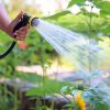 A person is holding a garden hose with a spray nozzle, watering green plants in a sunlit garden with a focused stream of water.