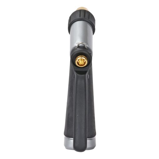 This is an image of a handheld, black and grey garden hose nozzle with a yellow adjustment dial and a trigger handle, isolated on a white background.