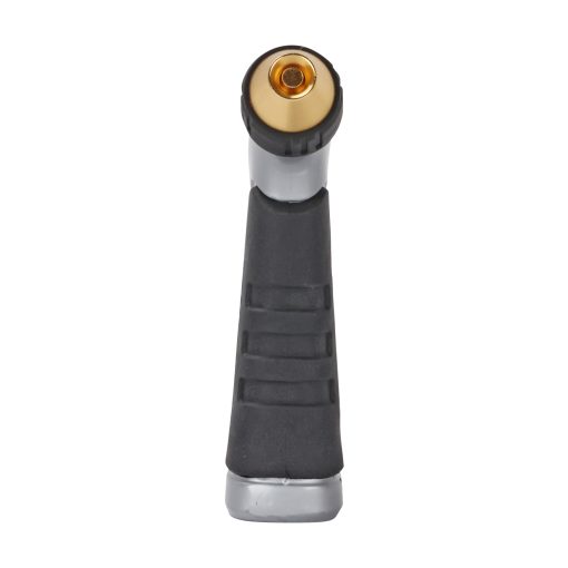 The image shows a black and gray flashlight viewed from above, with its circular LED head on the top and a ridged grip handle.