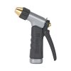 This image shows a gray and black handheld garden hose nozzle with a metal tip and an ergonomic grip. It appears to be on a white background.