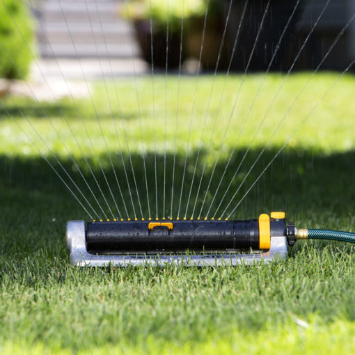 An oscillating lawn sprinkler is connected to a green garden hose, spraying water across a green lawn, with a blurred house in the background.