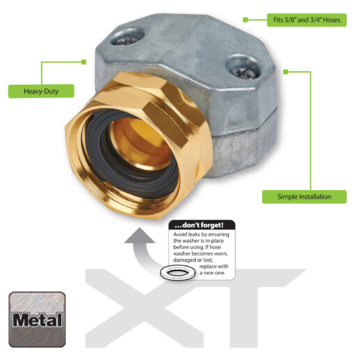 This is a marketing image of a heavy-duty metal hose connector with a brass finish, designed for simple installation and compatible with 5/8" and 3/4" hoses.