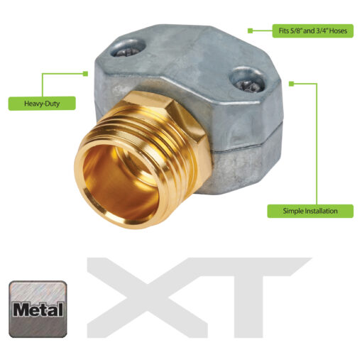 This image shows a heavy-duty metal hose adapter marked "XT." It fits 5/8" and 3/4" hoses, features a gold-colored threaded end, and advertises simple installation.