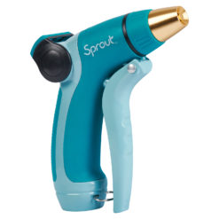 This is a teal and black garden hose nozzle with a gold-colored tip and ergonomic handle. It's branded with "Sprout" and appears to be a multi-pattern nozzle.