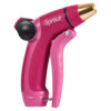 This is a vibrant pink-colored hot glue gun, with a black trigger and nozzle stand, and a gold-colored metal tip. It is branded 