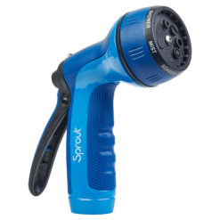 This image shows a blue handheld garden hose nozzle with multiple settings such as "shower," "mist," and "soaker," branded with the word "Sprout."