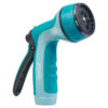 This is a handheld garden hose nozzle with a turquoise and black color scheme, featuring multiple spray settings including shower and mist, labeled 