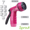 This is an image of a pink garden hose nozzle with a slip-resistant grip and seven adjustable spray patterns, including jet, shower, and mist settings.