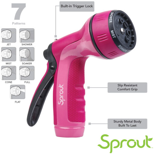 This is an image of a pink garden hose nozzle with a slip-resistant grip and seven adjustable spray patterns, including jet, shower, and mist settings.