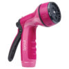 The image shows a pink garden hose nozzle with a black lever and dial, labeled 