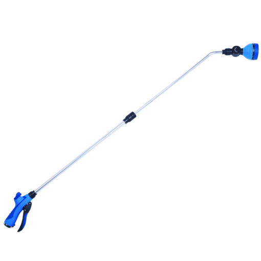 This is a telescopic extendable selfie stick with a blue handle and a black clamp for a camera or smartphone, isolated on a white background.