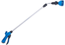 This image depicts a blue and black reacher grabber tool with a trigger handle, a metal shaft, and a rubberized grip and suction cup at the end.