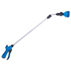 This image depicts a blue and black reacher grabber tool with a trigger handle, a metal shaft, and a rubberized grip and suction cup at the end.