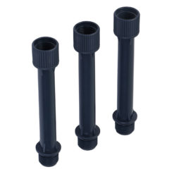 Three black sprinkler risers of different lengths with threaded ends are displayed against a white background, typically used for irrigation system height adjustments.