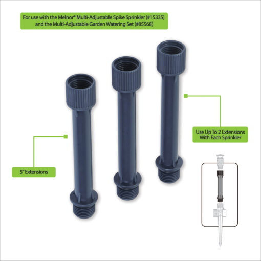 The image displays three 5-inch extensions for a Melnor garden sprinkler system, indicating compatibility with specific models, and showing the assembly with two extensions.