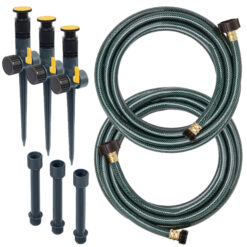 The image shows garden irrigation equipment, including a coiled green hose with brass fittings and multiple black stake sprinklers with yellow adjustment knobs.