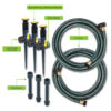 The image shows a garden hose system with accessories. It includes adjustable sprinkler heads, flow control valves, unit connectors, and extensions.