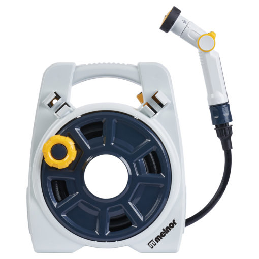 The image shows a portable hose reel with an integrated handle, a white body, blue storage compartment, and a yellow accented spray nozzle attachment.