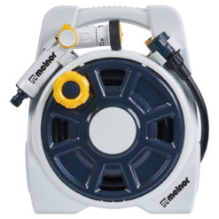 This is an image of a portable wall-mounted hose reel. It has a winding handle and various connectors for efficient garden watering. Branding indicates it's made by Melnor.