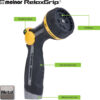 This image shows a Melnor RelaxGrip garden hose nozzle with features labeled: thumb control, 8 patterns, slip-resistant grip, and metal core.