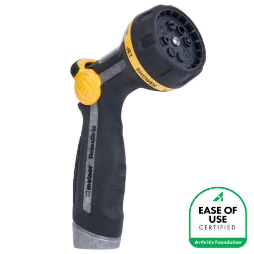 R301 Melnor RelaxGrip® Metal Thumb-Control 8-Pattern Nozzle shown with the Arthritis Foundation Ease of Use logo