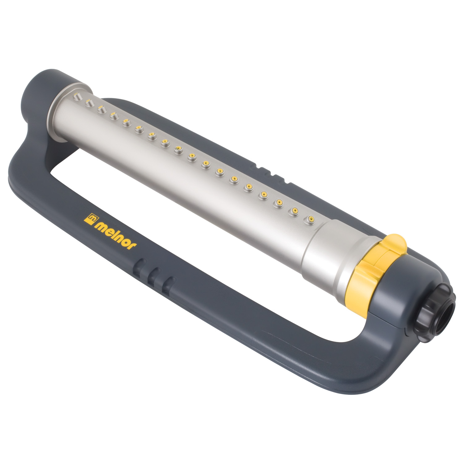 This is a handheld manual water pump with a cylindrical body, featuring a black and grey color scheme and yellow accents, including a brand logo.