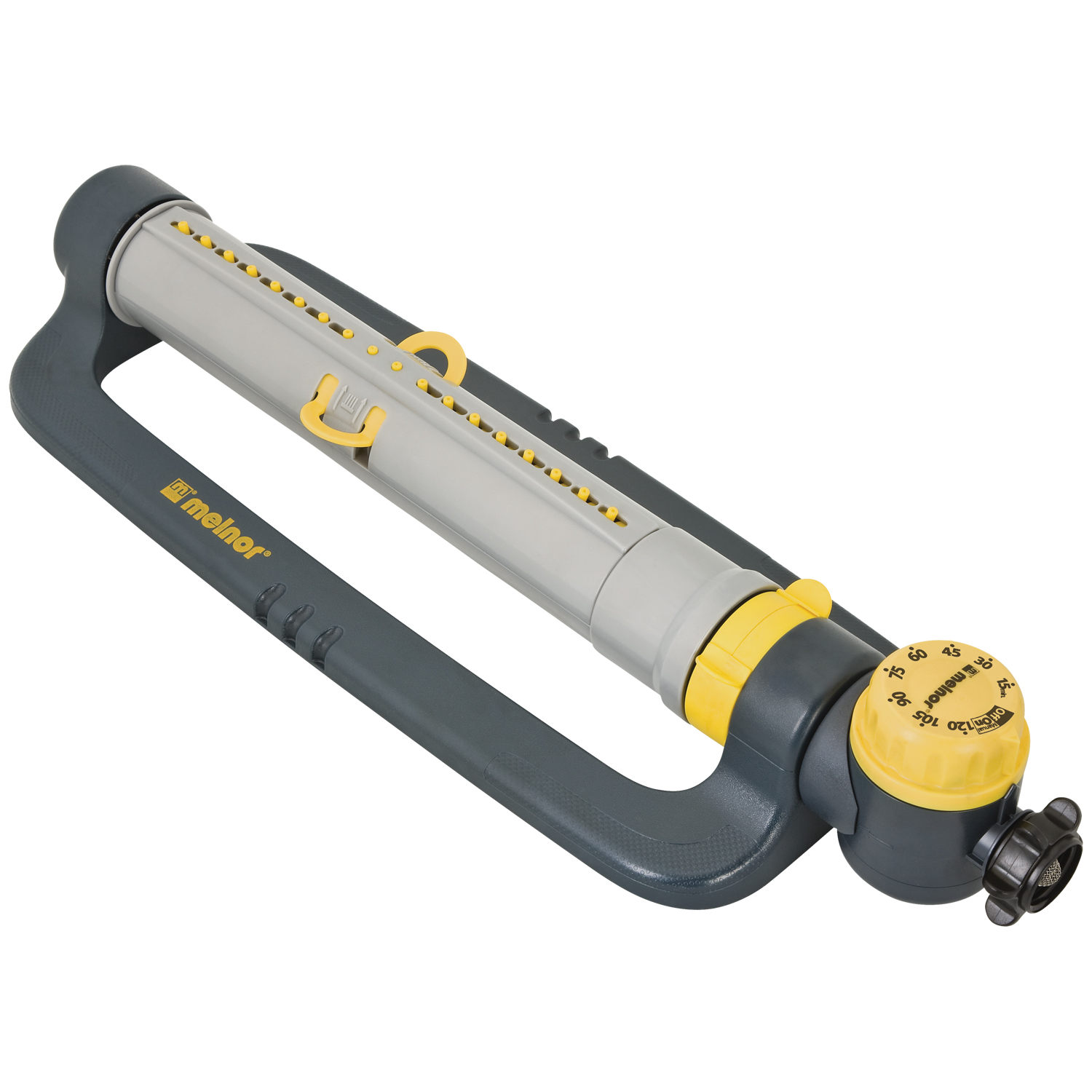 This is a gray and yellow oscillating lawn sprinkler with adjustable controls and a nozzle. It's designed for watering gardens or lawns.