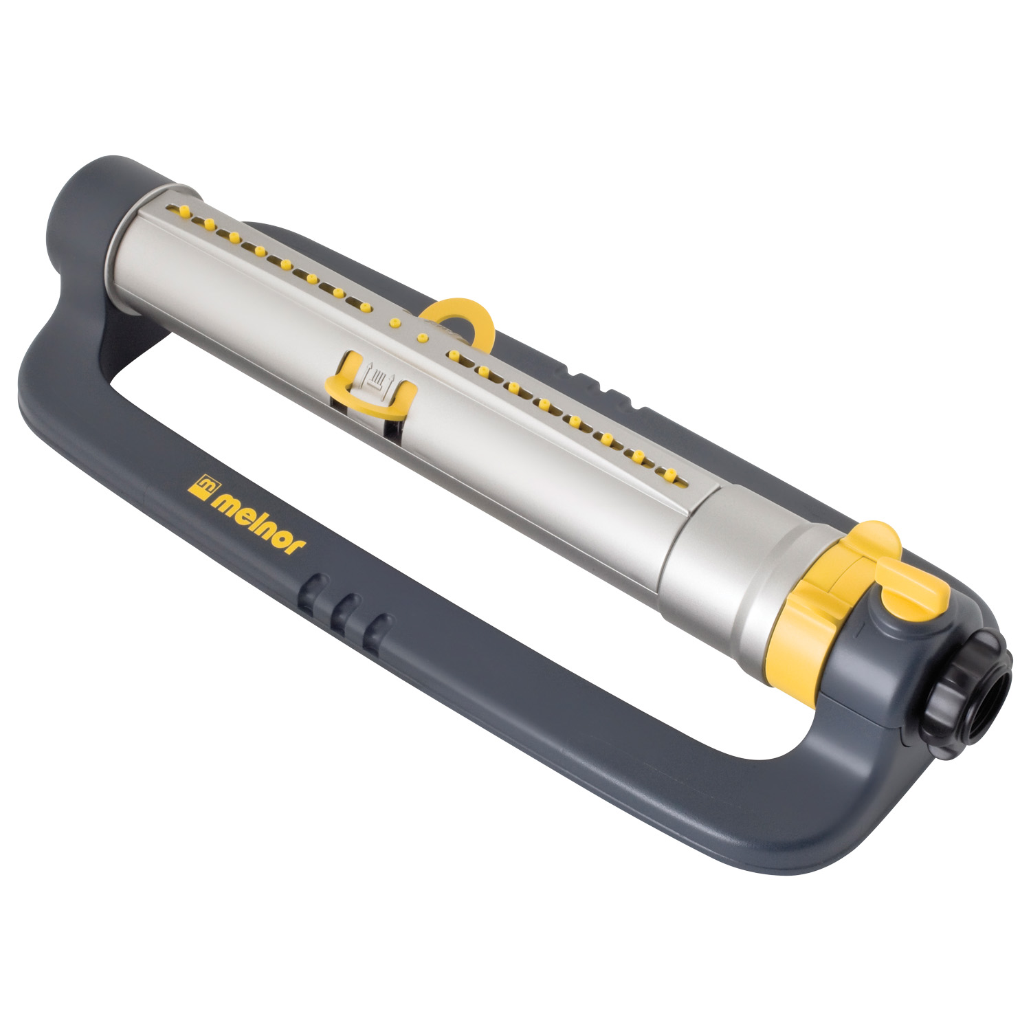 This image shows a portable manual air pump. It has a silver body, yellow and black accents, a gauge, and a black handle.