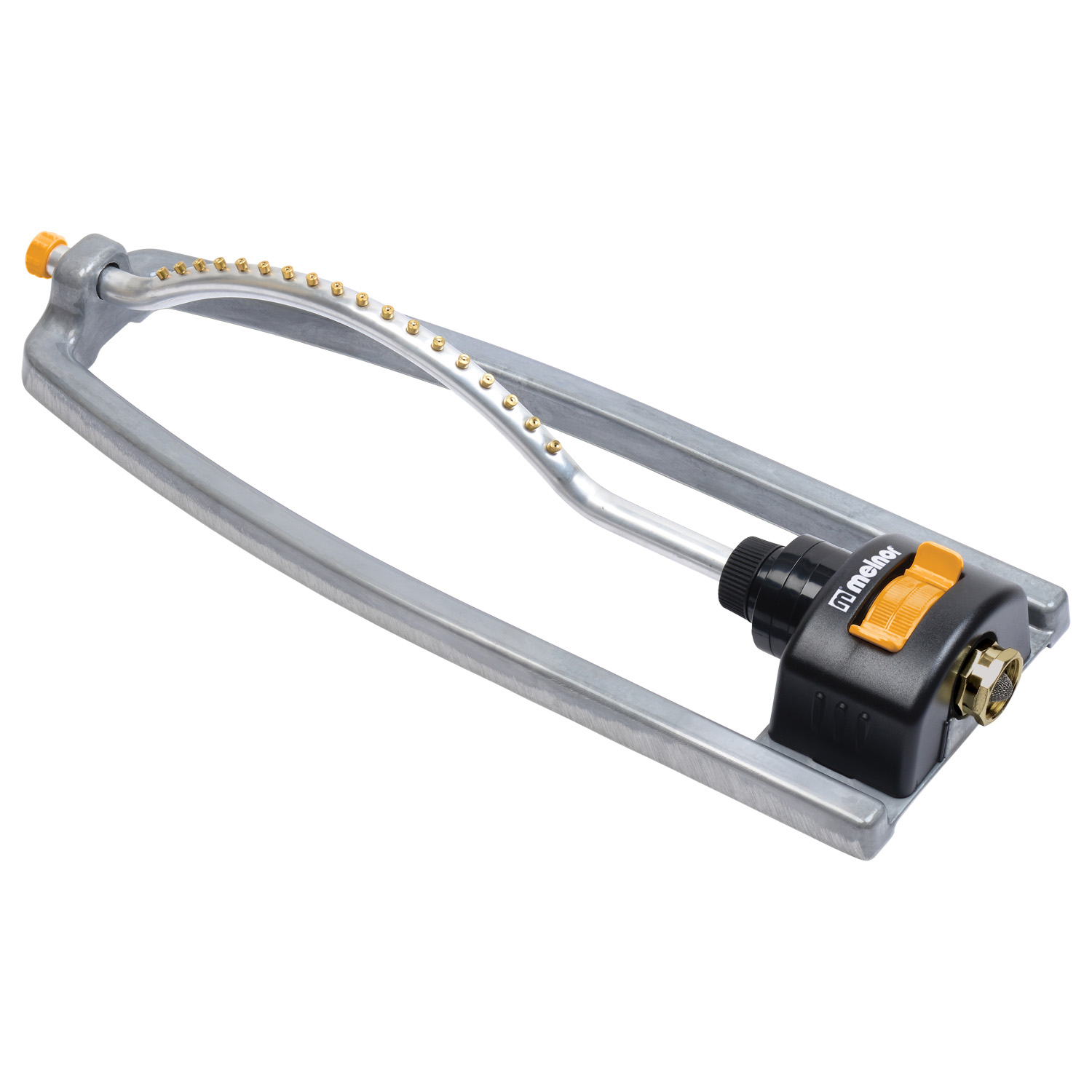 This image shows a gray and black oscillating lawn sprinkler with an orange adjustment knob and a series of nozzles on the curved tube.