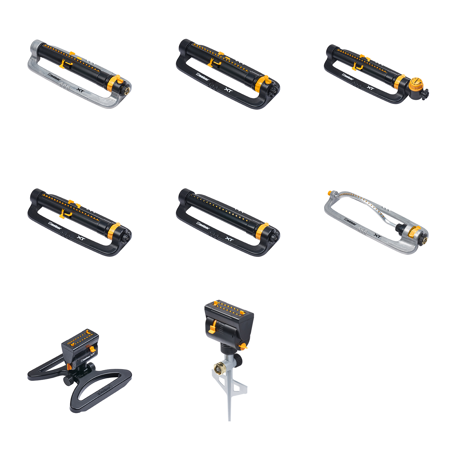 The image shows nine portable LED work lights in various configurations, featuring black and yellow color schemes, some with adjustable stands or handles.