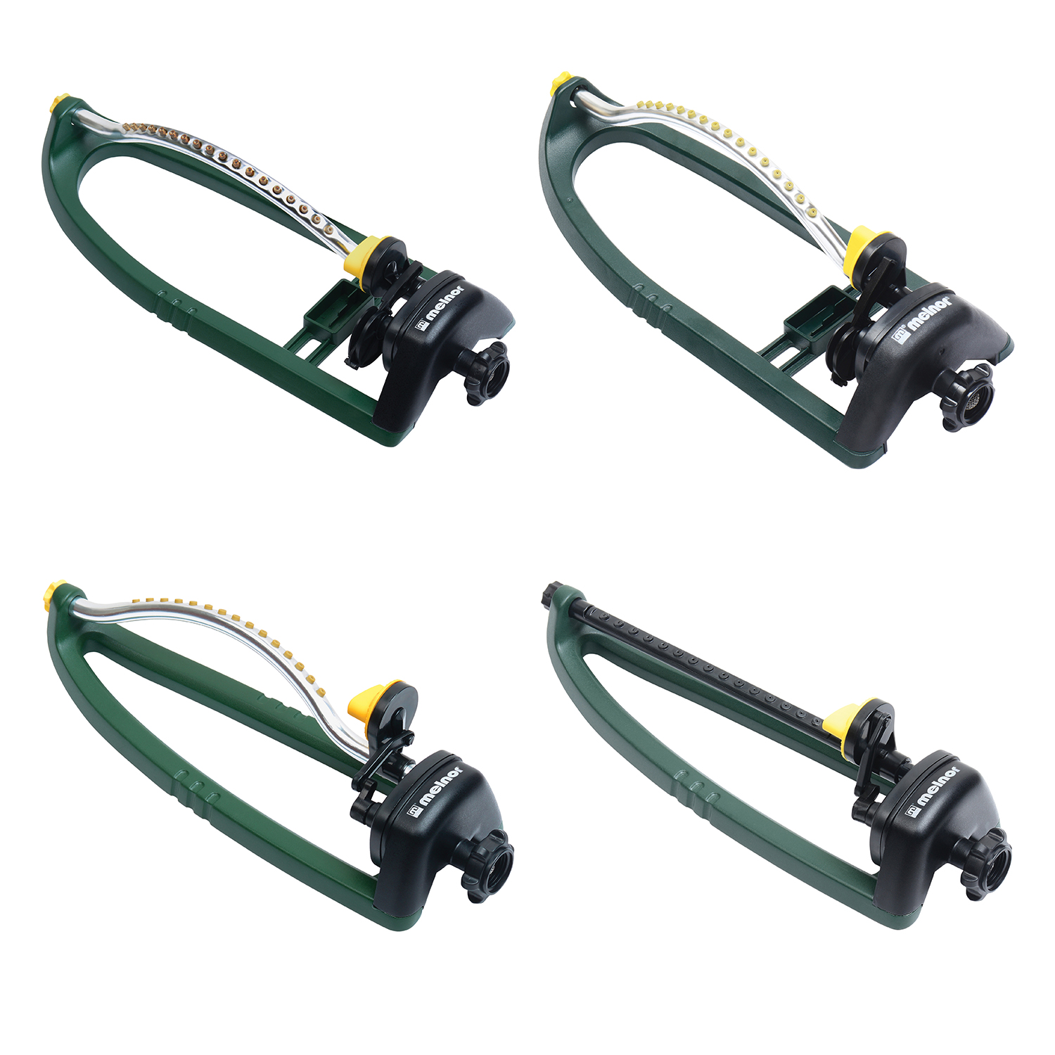 The image shows four views of a green and black camming device, commonly used in rock climbing, with a trigger mechanism and a color-coded sling.