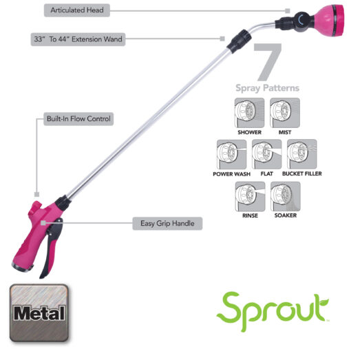 This image displays a metal garden hose nozzle with an extendable wand, an articulated head, seven spray patterns, and an easy grip handle, branded "Sprout."