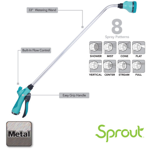 This image displays a 33" metal watering wand with an easy grip handle, built-in flow control, and eight different spray patterns, branded by Sprout.